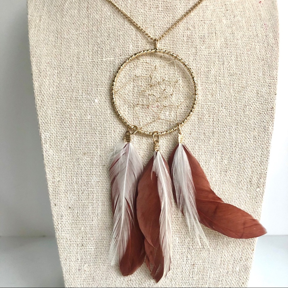 Gold Tone Dreamcatcher Necklace with Brown and White Feathers